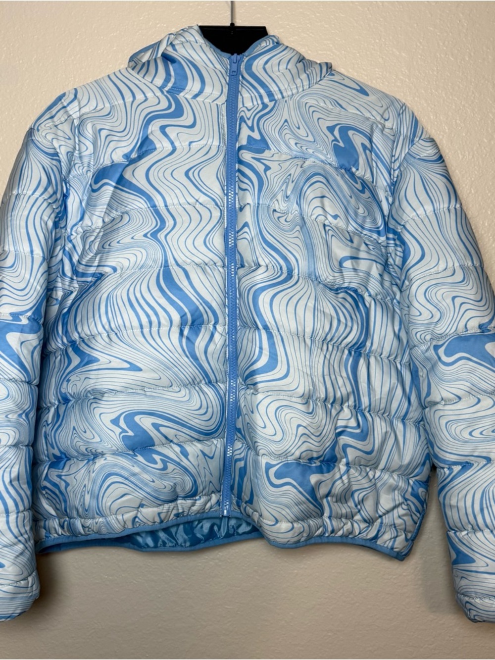 Wild Fable Hooded Full Zip Puffer Jacket Blue White Abstract Marbled  XXL Women